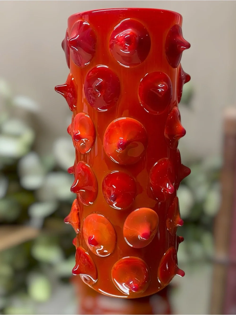 Vintage Large Applied Art Glass Vase Chunky 10 5/8” Tall Red Amberina Hand Blown